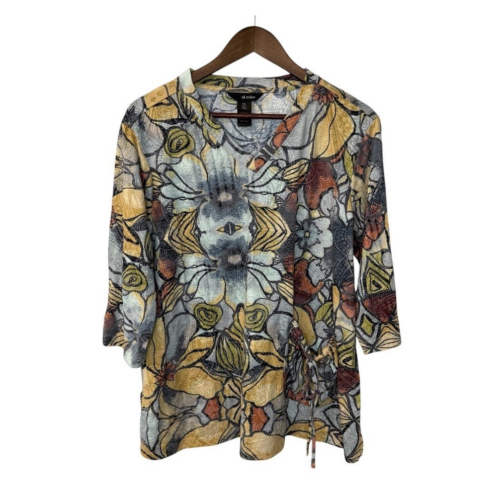 Ali Miles blouse women's PXL autumn floral v-neck art boho pouch pocket t-shirt